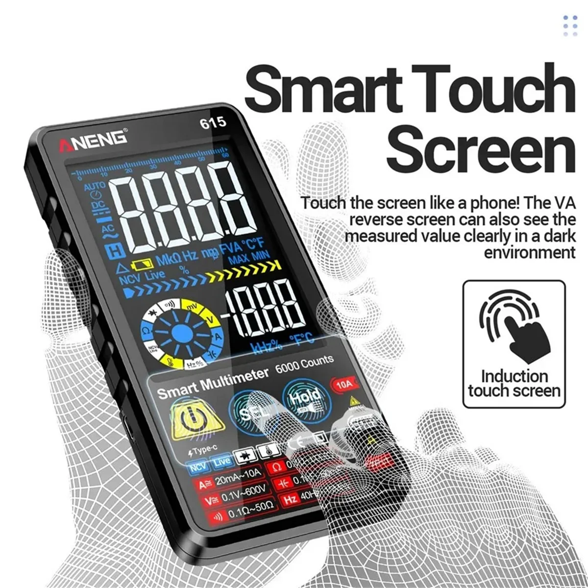 

AA25 615 Digital Multimeter Smart Voltage Current Tester Rechargeable 6000 Counts High-End Touch Multitester Test Tools
