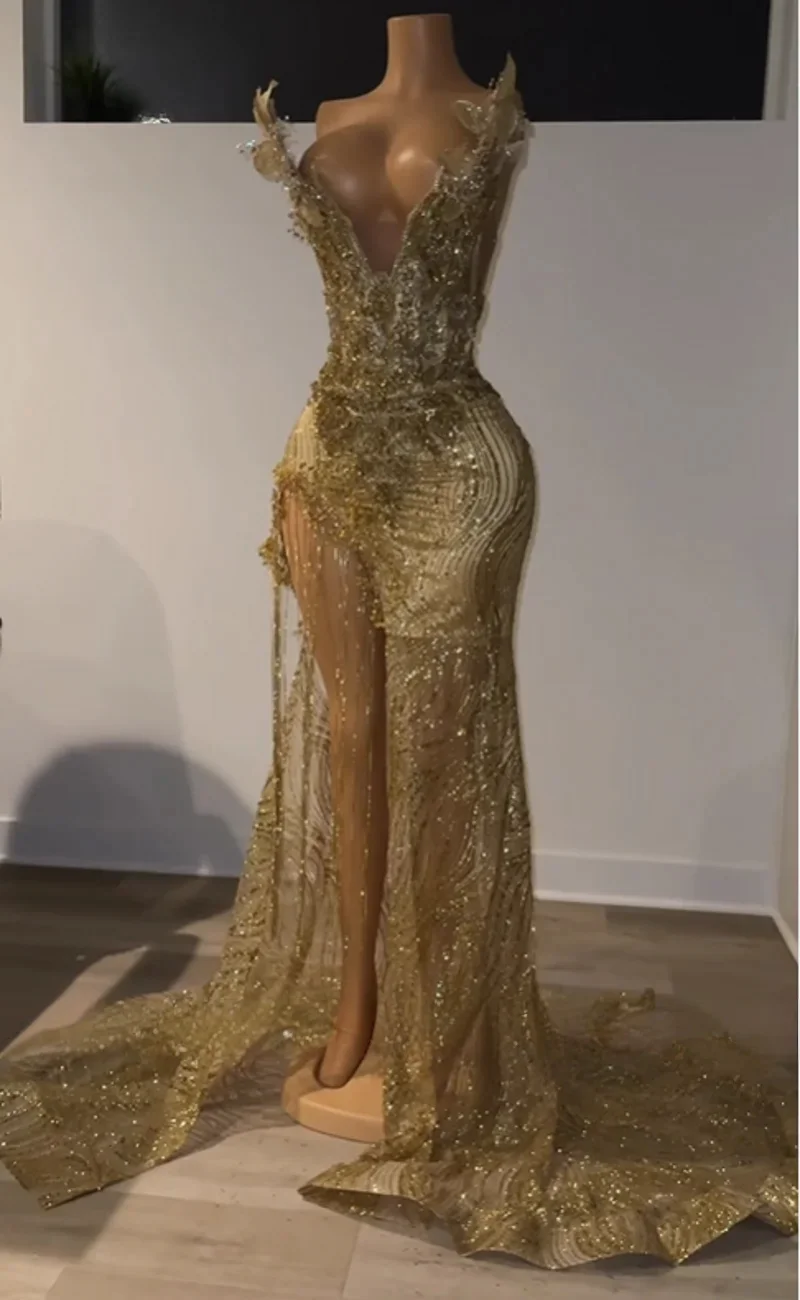 Champagnerfarbene lange Ballkleider für schwarze Mädchen, V-Ausschnitt, Spitze, Perlen, Schlitz, afrikanische Abendkleider, Geburtstagsparty-Robe, individuell gestaltet