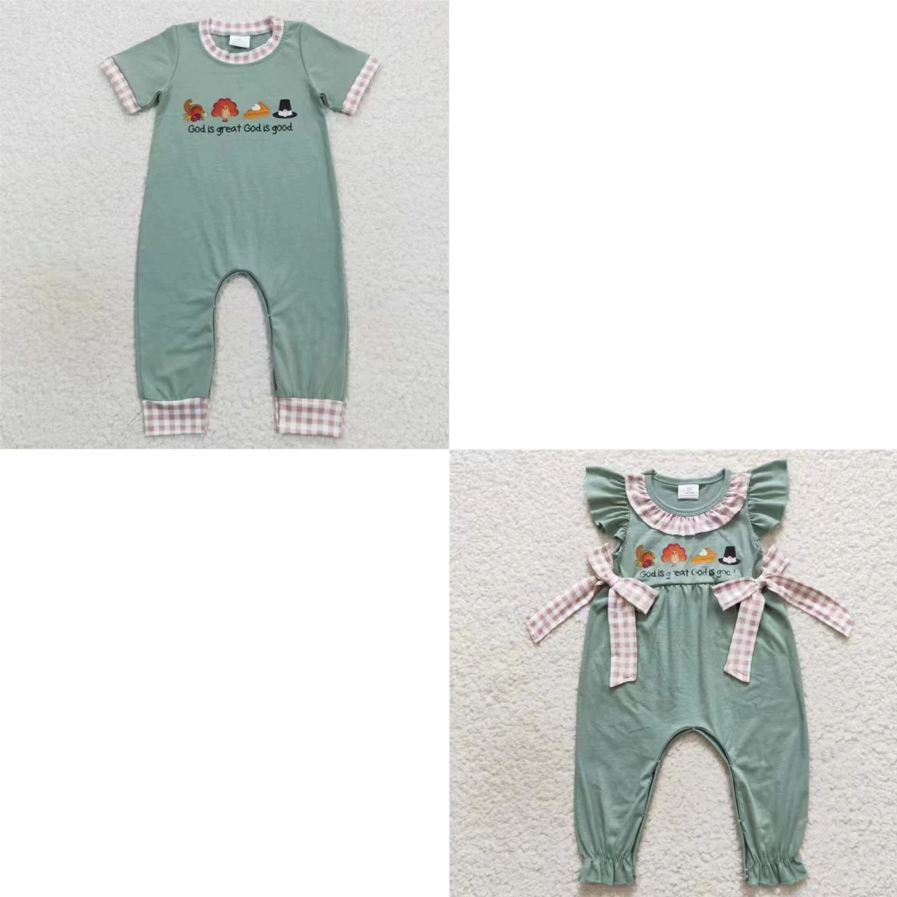 Kids Thanksgiving Children One-piece turkey Pie Green Cotton Romper Newborn Matching Boy Girl Short Sleeves Toddler Jumpsuit