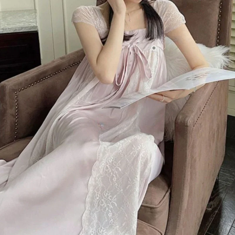 Victorian Nightgowns Summer Sexy Ice Silk Nightdress Princess Sleepwear Women Satin Square Collar Nightwear Vintage Night Dress