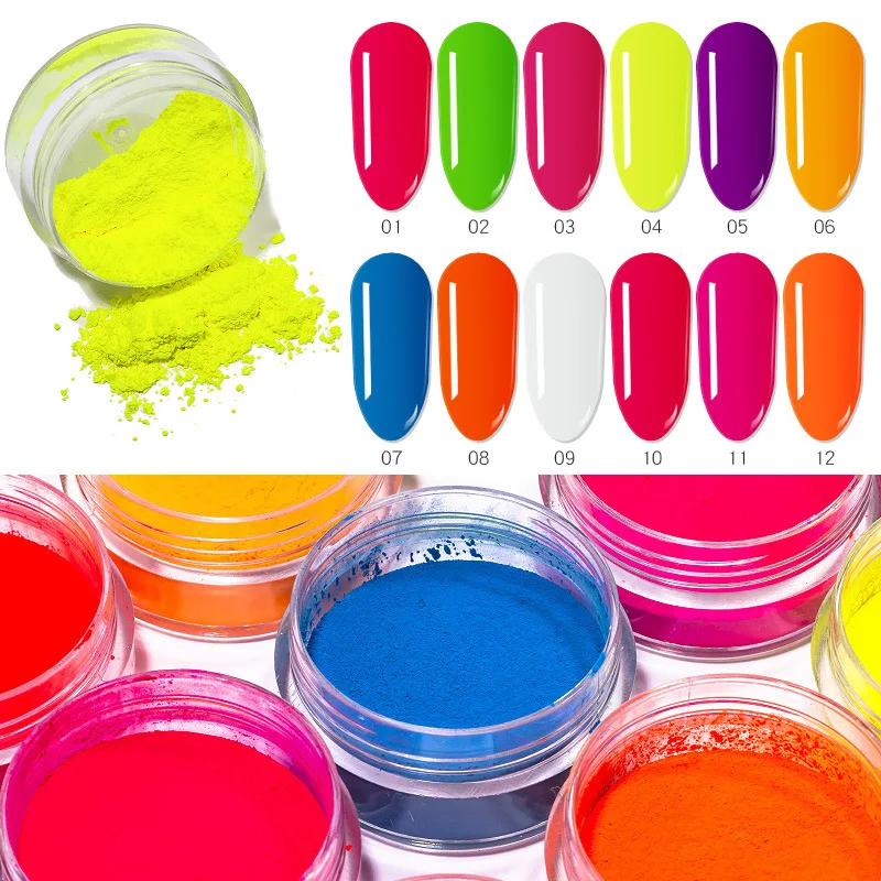 Poudre fluorescente, Pigment lumineux néon pour ongles, lumière UV, cosmétique, rouge à lèvres, savon, poussière scintillante, 12 boîtes/ensemble