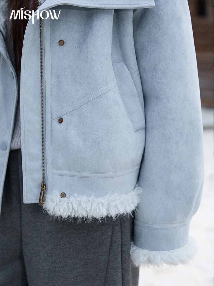 MISHOW سترة نسائية زرقاء 2025 شتاء أزرق قطيفة بياقة مقلوبة معطف بسحاب موضة غير رسمية معطف فضفاض دافئ امرأة MXE87W0917