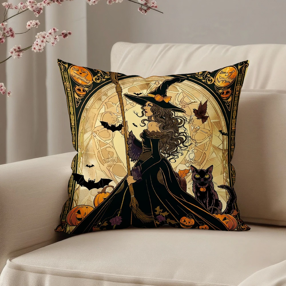 Square Throw Pillow Case Black Halloween Witch With Broomstick And Black Cat Pumpkin Bat Print For Home Sofa Chair Bedroom Decor