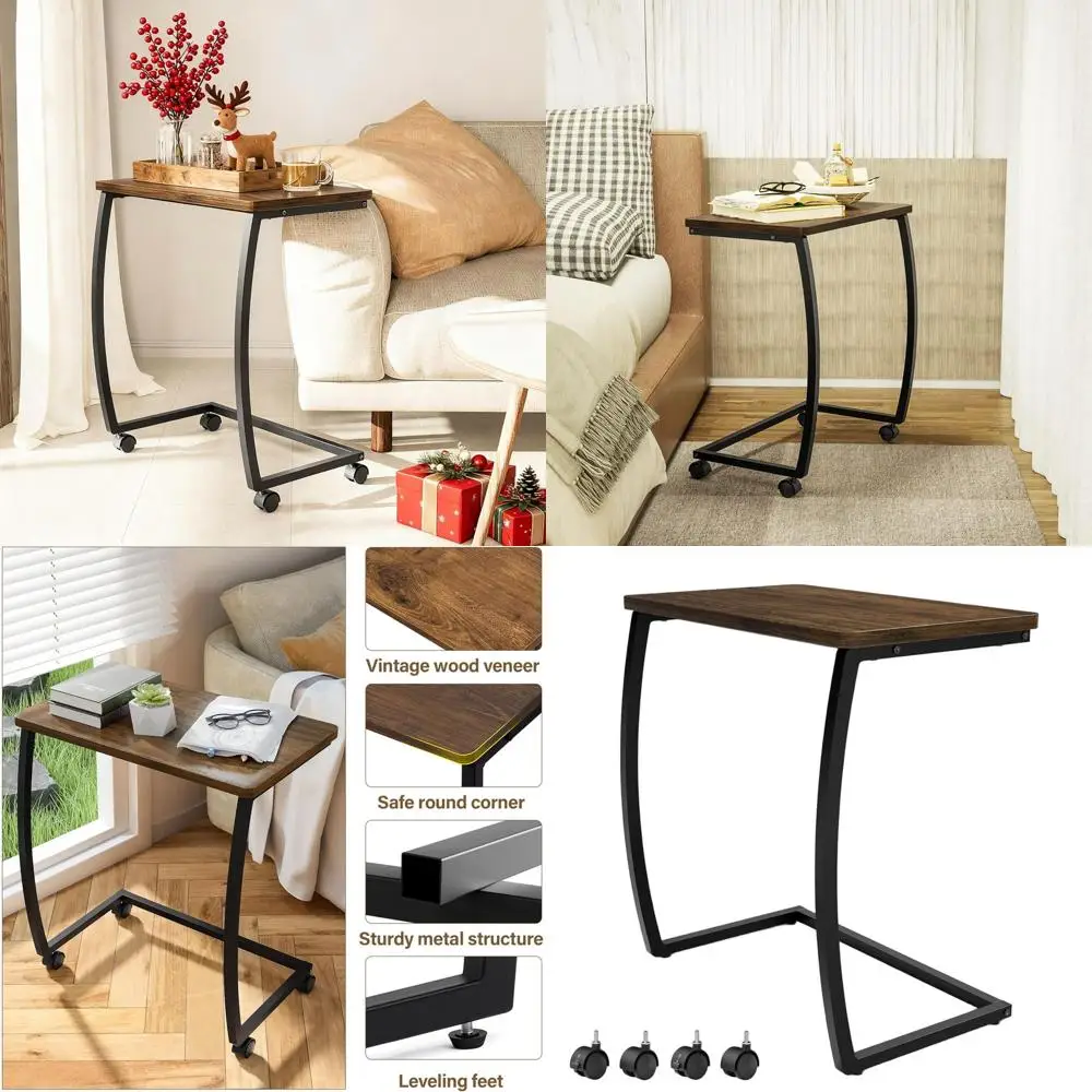 

Rustic Dark Walnut C-Shape Side Table with Wheels for Laptop, Coffee, and Snacks