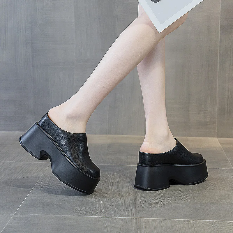 Genuine Leather Open Back Mule Sandals Women Summer Platform Shoes 11cm Height Increase Square Toe view 6