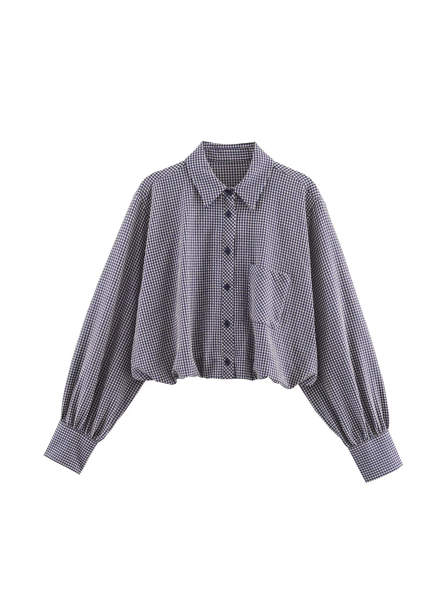 

Women's Grey Plaid Shirts Cropped Blouses Vintage Elegant 2000s Aesthetic Long Sleeve Polo-Neck Shirt Clothes Spring Autumn 2025