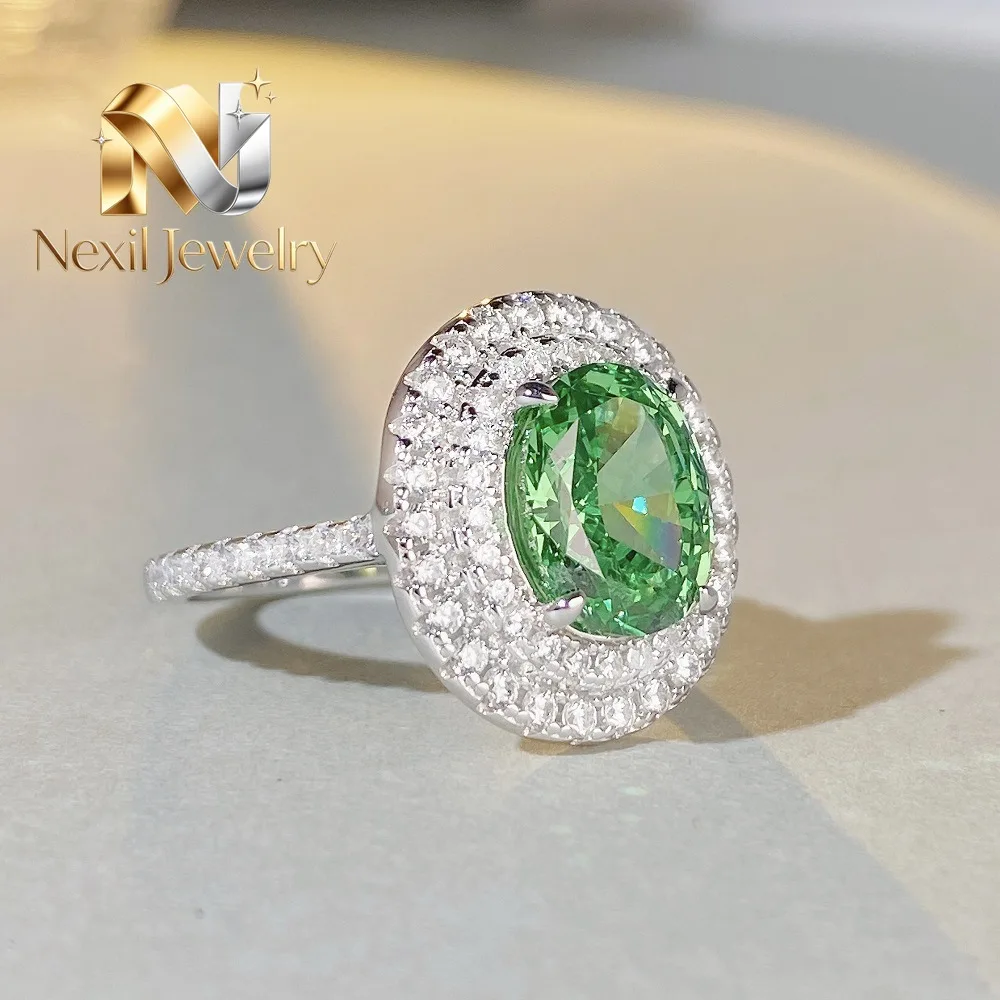 

Nexil Jewelry Luxury Solid Platinum PT950 Women's Ring Full Diamond Green Moissanite Ring