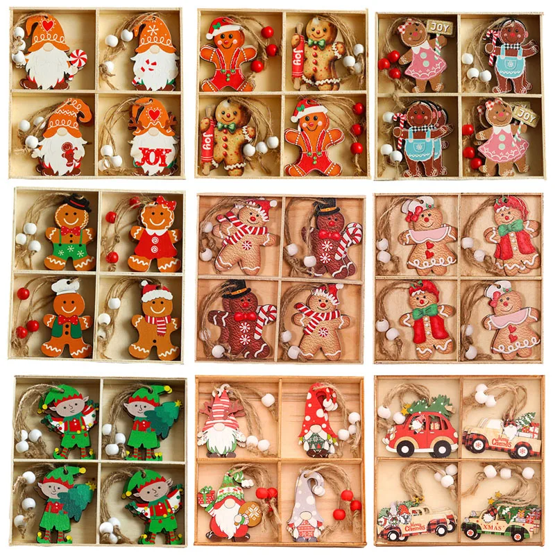 Christmas Wooden Pendants Gingerbread Man Gnomes Santa Claus Xmas Tree Hanging Oranment 2024 Xmas Decorations for Home Kids Gift