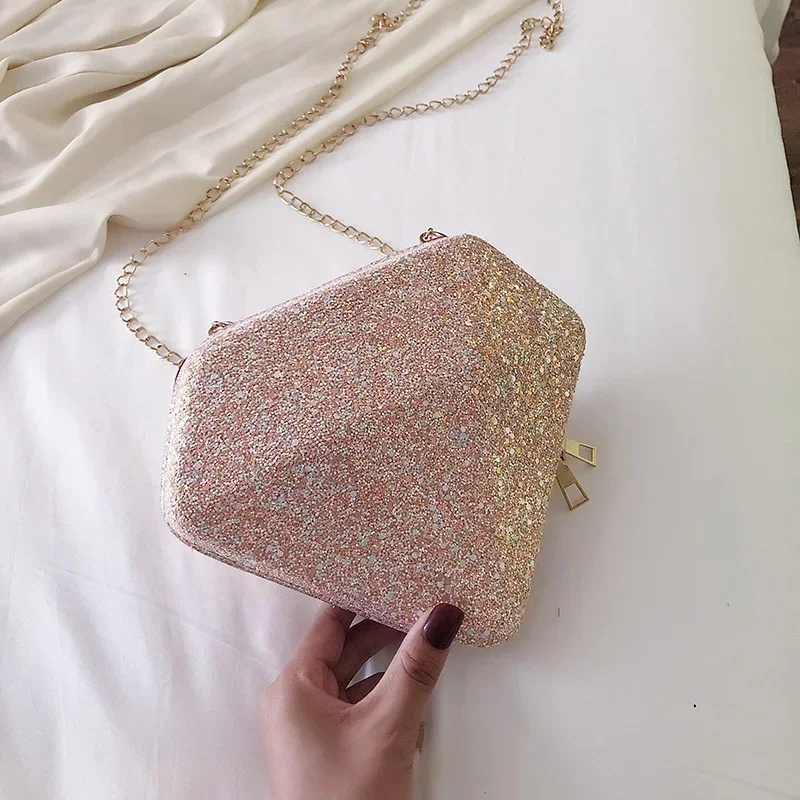 Lantejoula em forma de diamante bolsa tiracolo moda bolsas crossbody, edição coreana cadeia, na moda banquete bolsas festa, 2023