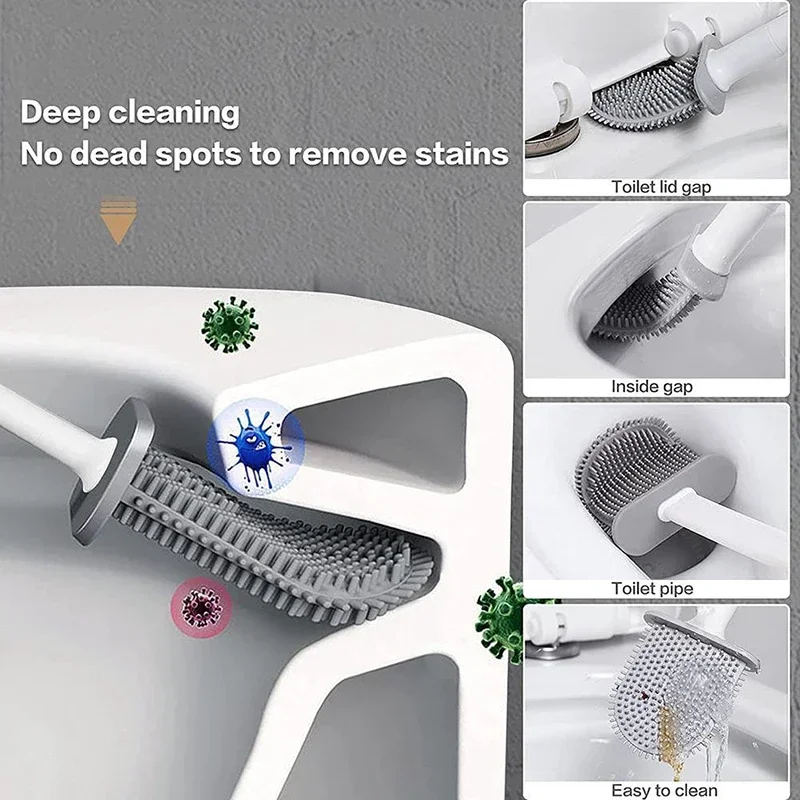 Silicone Toilet Brush Flat Head Wc Cleaner Flexible Soft Bristles Brushes With Drain Holder Bathroom Accessories Cleaning Tools