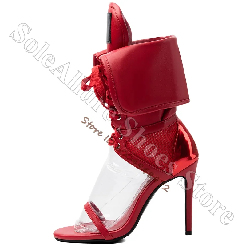 Red Fold Over Cuff Stiletto Heel Ankle Boot Sandals Open Square Toe Mesh Patchwork Lace Up High Top Sexy Party Ladies High Heels view 6