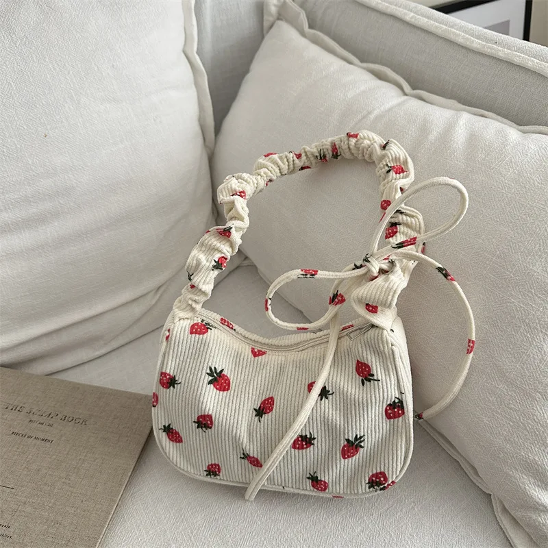 Women Small Underarm Bag Corduroy Handbag Cute Strawberry Print Little Tote Half Moon Design Eco Cloth Purse Mini Shoulder Bags