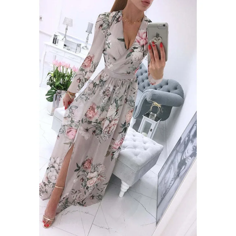 New Summer Long Dress Printed V-neck Chiffon Long-sleeved Dress Bohemian Style Full Skirt Dress