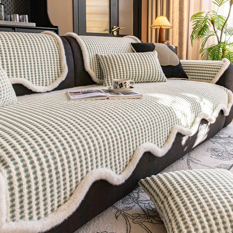 French Irregular Plaid Plush Sofa Cushion New Four Seasons Non-Slip Couch Cushion for Home Pet Friendly Anti-Scratch Sofa Pad