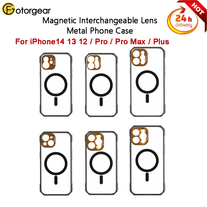 Fotorgear Magnetic Phone Case Metal Protective Phone Case for iPhone 15 14 13 12 Pro Max Plus for 17mm Phone Lens Phone Case