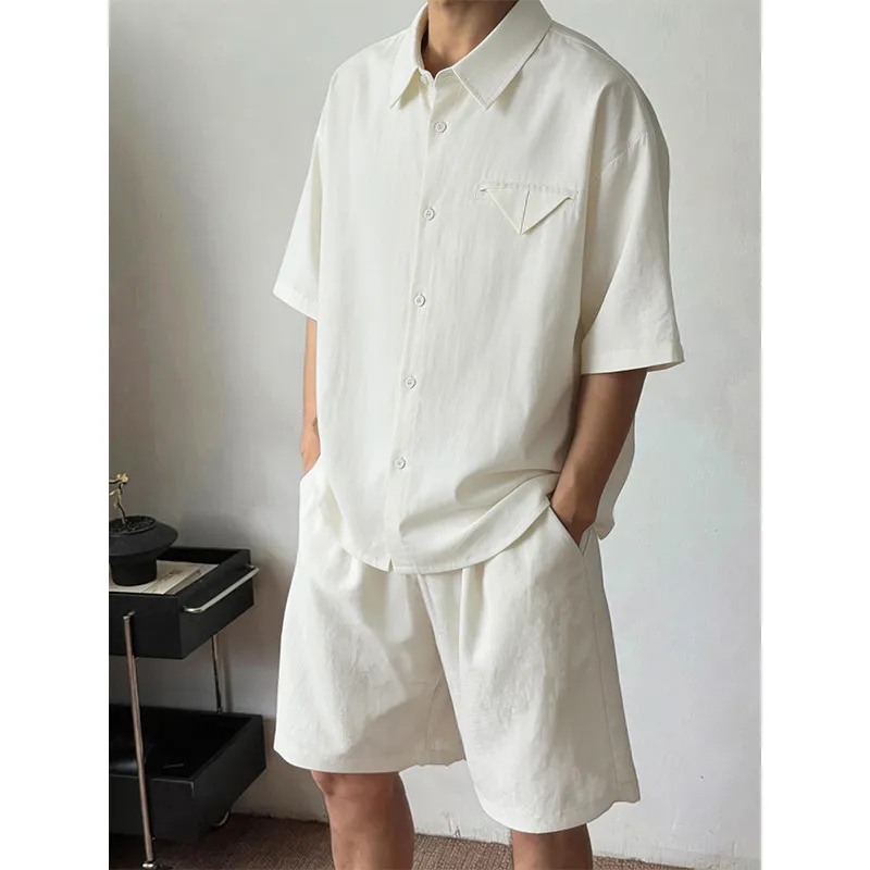 Conjunto de Verano para Hombre, Camisa de Manga Corta y Pantalones Cortos de Lino Sintético, Estilo Old Money, Bolsillo Triangular, Transpirable, Traje Casual de 2 Piezas 2026