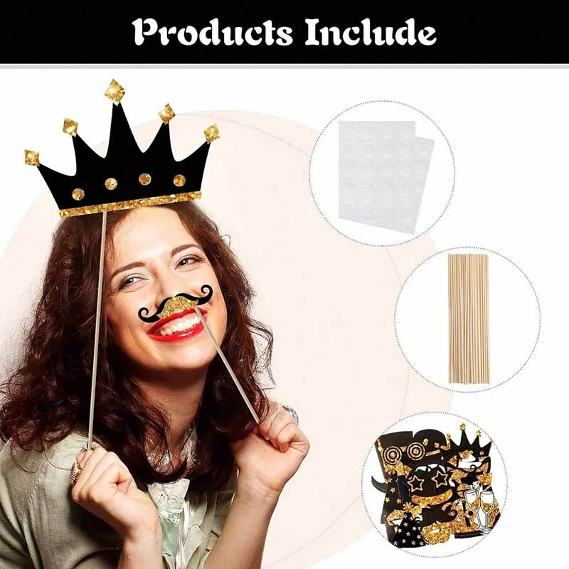 23-teiliges Set schwarze und goldene Papier-Fotorequisiten für Geburtstagshüte, Lippenstift, Krawatte, Krone, Fotografie-Requisiten, Hochzeiten, Partyzubehör – Detail 5