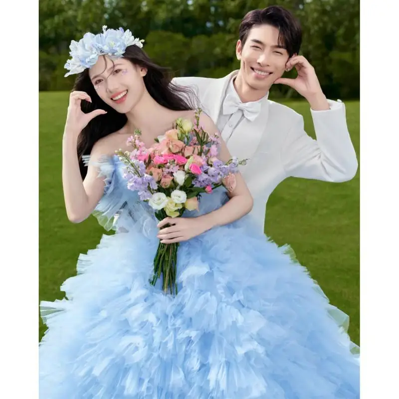 Blue Colored Chiffon Strapless Wedding Dress Bride's Three-dimensional Flower Heavy Style Cake Fluffy Trailing Skirt  Customized