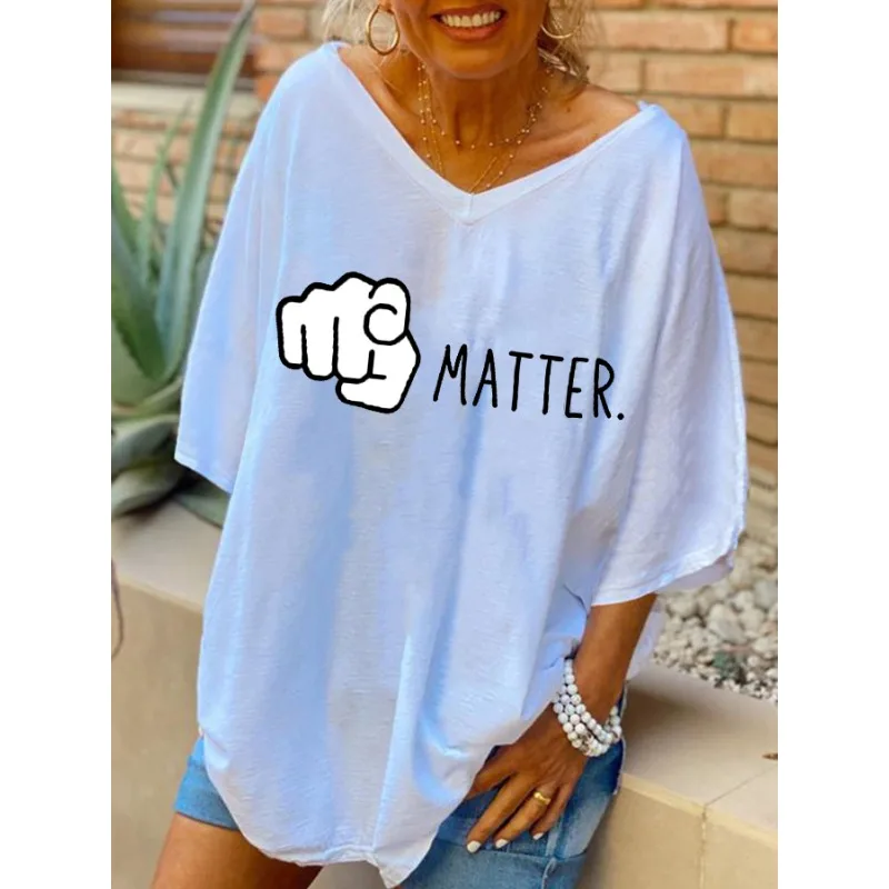 ilstile Women's Matter Letter Print T-Shirts Summer Holiday Short Sleeve Casual Loose T Shirt V Neck Long Tops White Black HOT