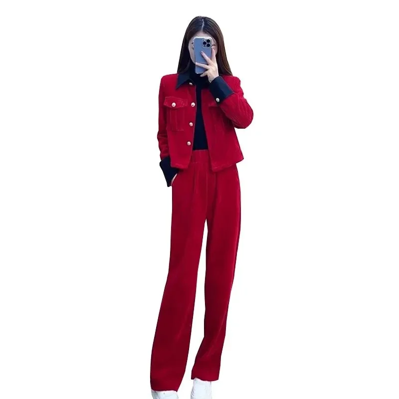 Fashion Suit Women\'s Autumn And Winter High-End Spliced Corduroy Short Coat Wide-Leg Pants Two-Piece Suit 2023 Spring Sets Femal