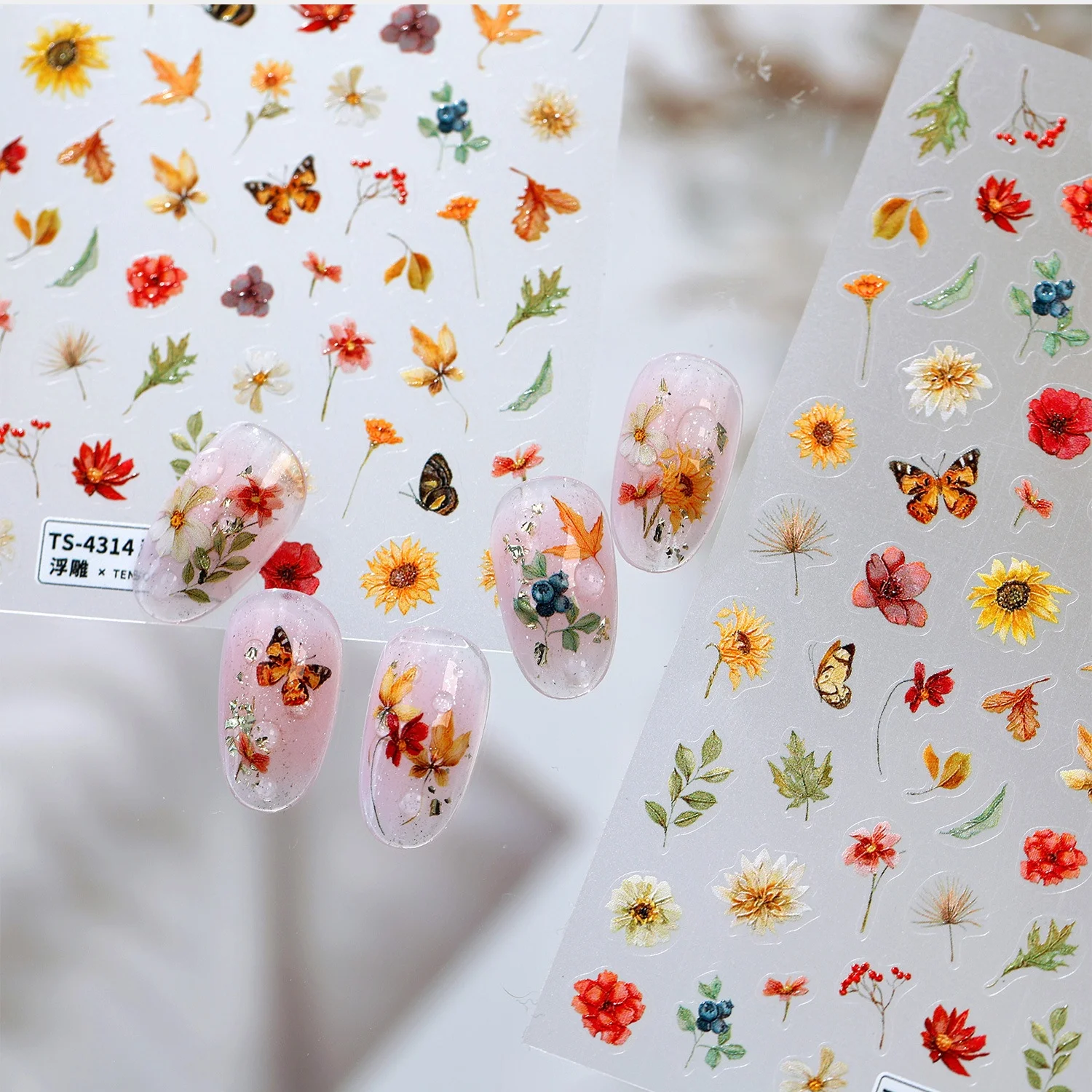 5D Embossed Vintage Watercolor Dried Sunflower Poppy Wildflower Butterfly Leaf Autumn French Nail Stickers Self Adhesive Nail