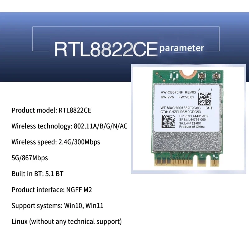 RTL8822CE 5G Dual-band Gigabit Built-in Wireless Network Card 5.1 Bluetooth M.2 1200M Suitable for Desktop Laptop Computers