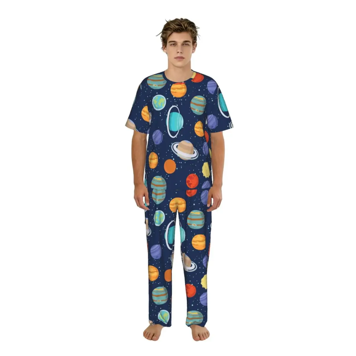 Men's Casual Pajamas Sets Short Sleeve and Pants Sets Male Sleepwear Astronaut Earth Saturn Rockets And Stars Home Clothes