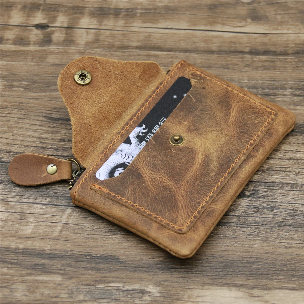 Monedero de cuero genuino Vintage hecho a mano para hombres y mujeres, monedero informal con cremallera, tarjetero, carteras de cuero de vaca