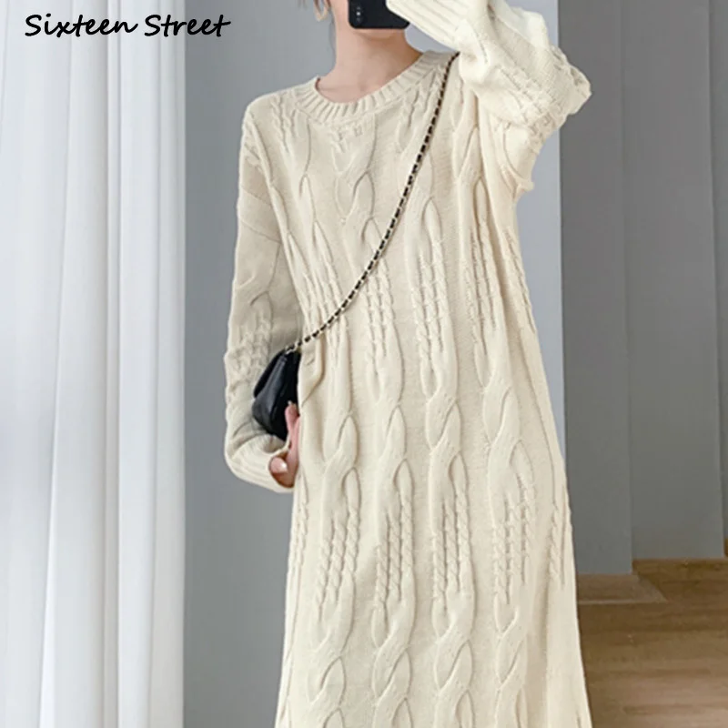 2022 Apricot Twist Sweater Dress for Women Winter A-line Oversized Long Knitted Dress Ladies Autumn Loose Thicken Knitwear