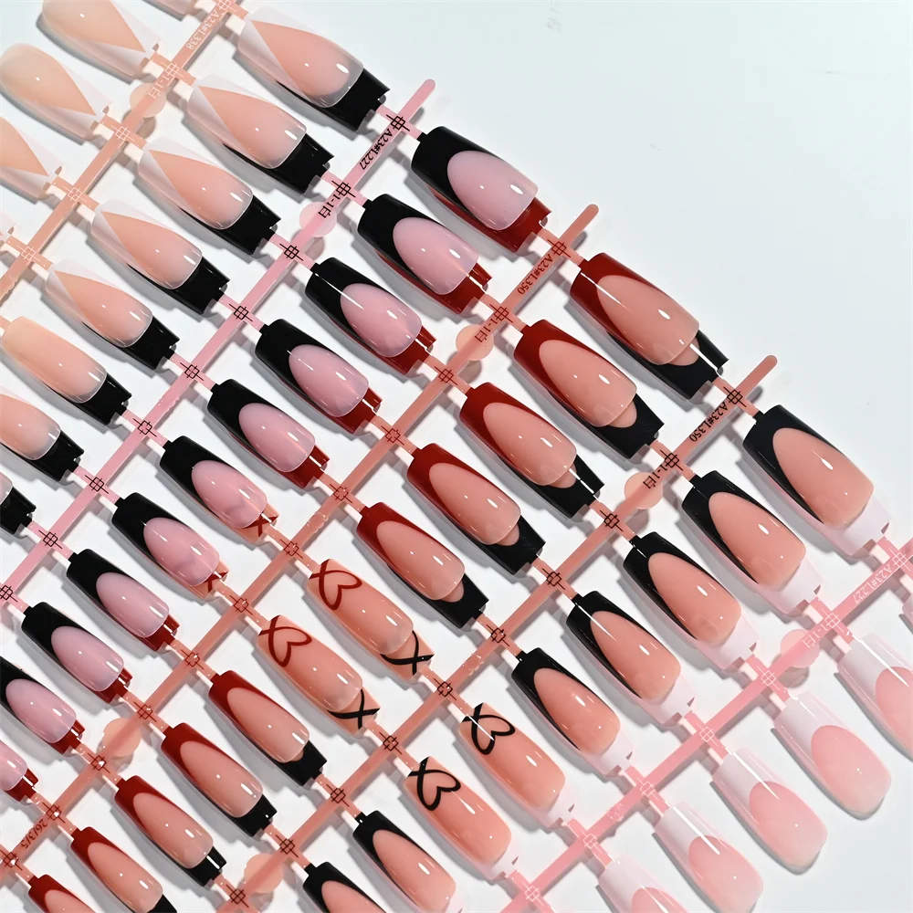 120Pcs Medium Square French Press On Nails Black Red Line Heart Fake Nails Tips Chic Minimalist Style Reusable False Fingertips - view 4