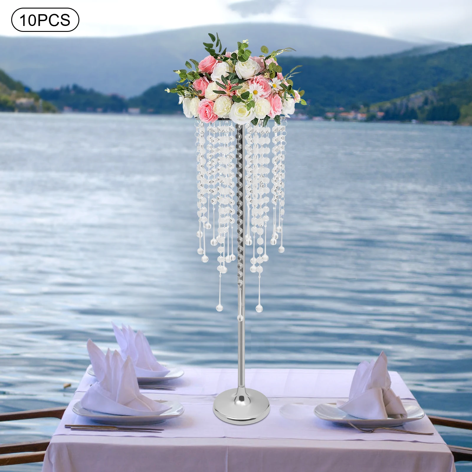 10pc Crystal Silver Flower Stand 75cm Large Flower Stand Wedding Decor, Wedding Table Centerpiece Crystal Road Lead