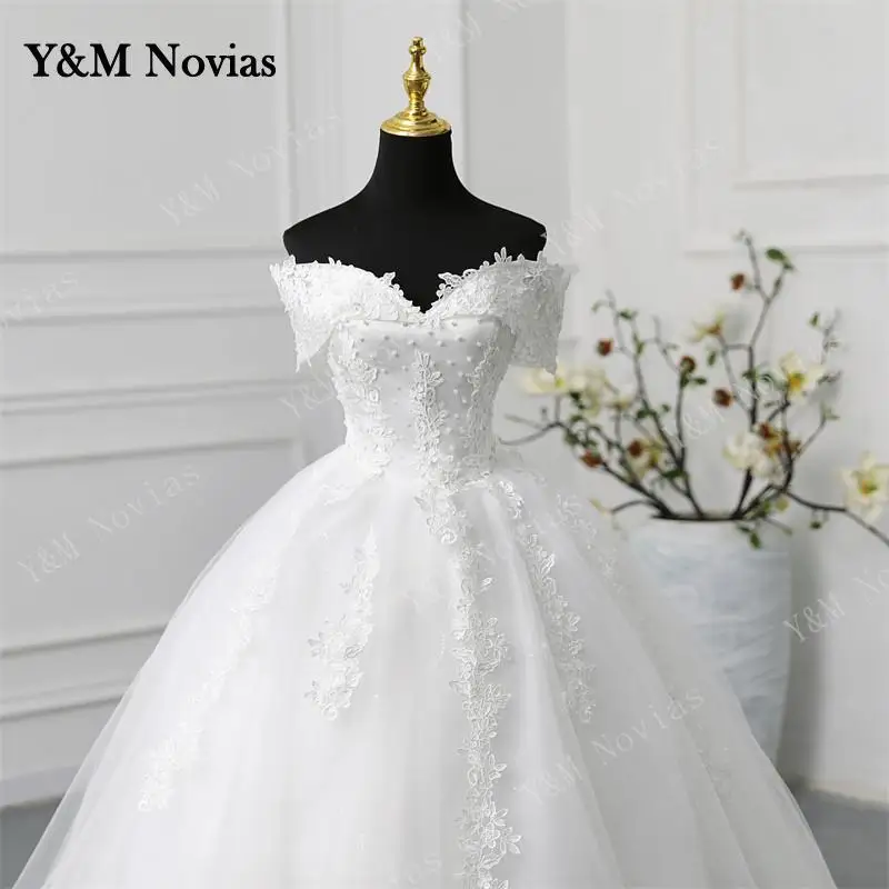 Y&M Novias Customized Off Shoulder Plus Size Vestido De Noiva Wedding Dress Long Train or Floor Appliqe Bridal Tulle Mariage