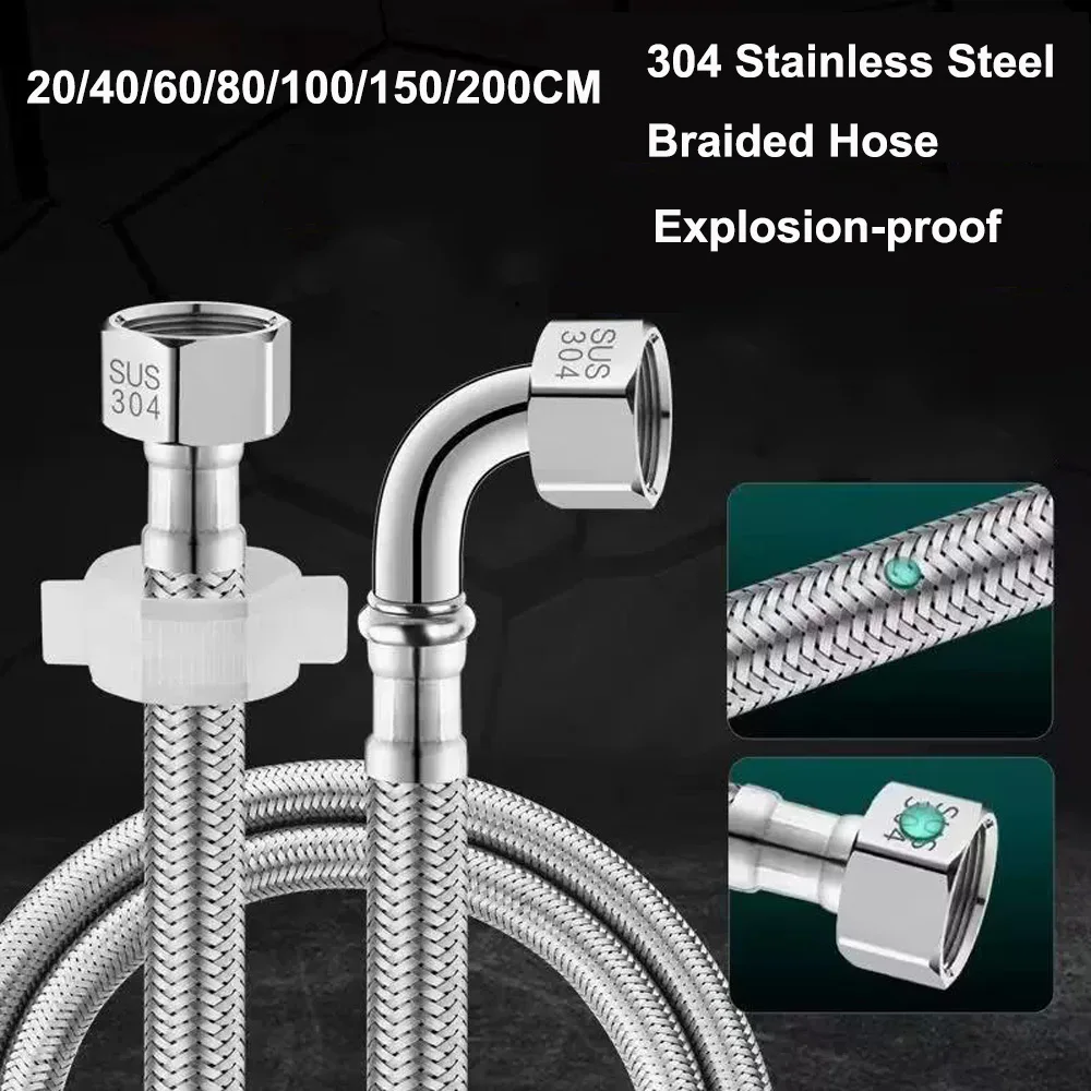 40/60/80/100/150/200cm Stainless Steel Braided Flexible Hose Household Water Heater Toilet 90° Bend Pipe Elbow Water Inlet Pipe
