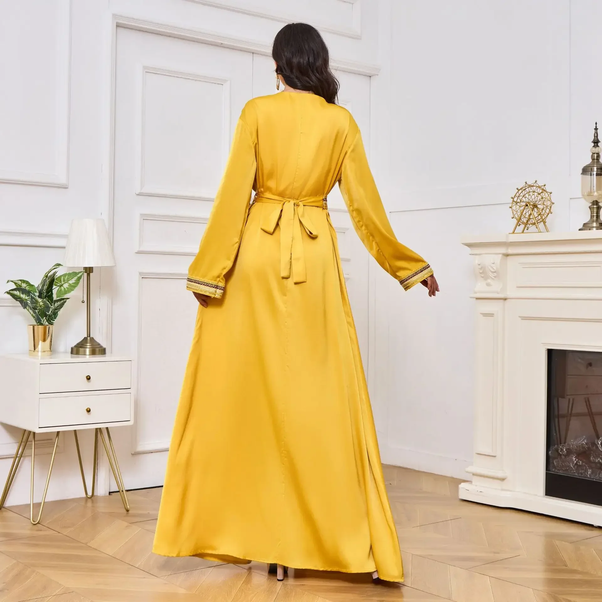 Robe musulmane à manches longues pour femmes, caftan marocain, cardigan islamique, abaya de Dubaï, robe de soirée fendue, jaune, arabe