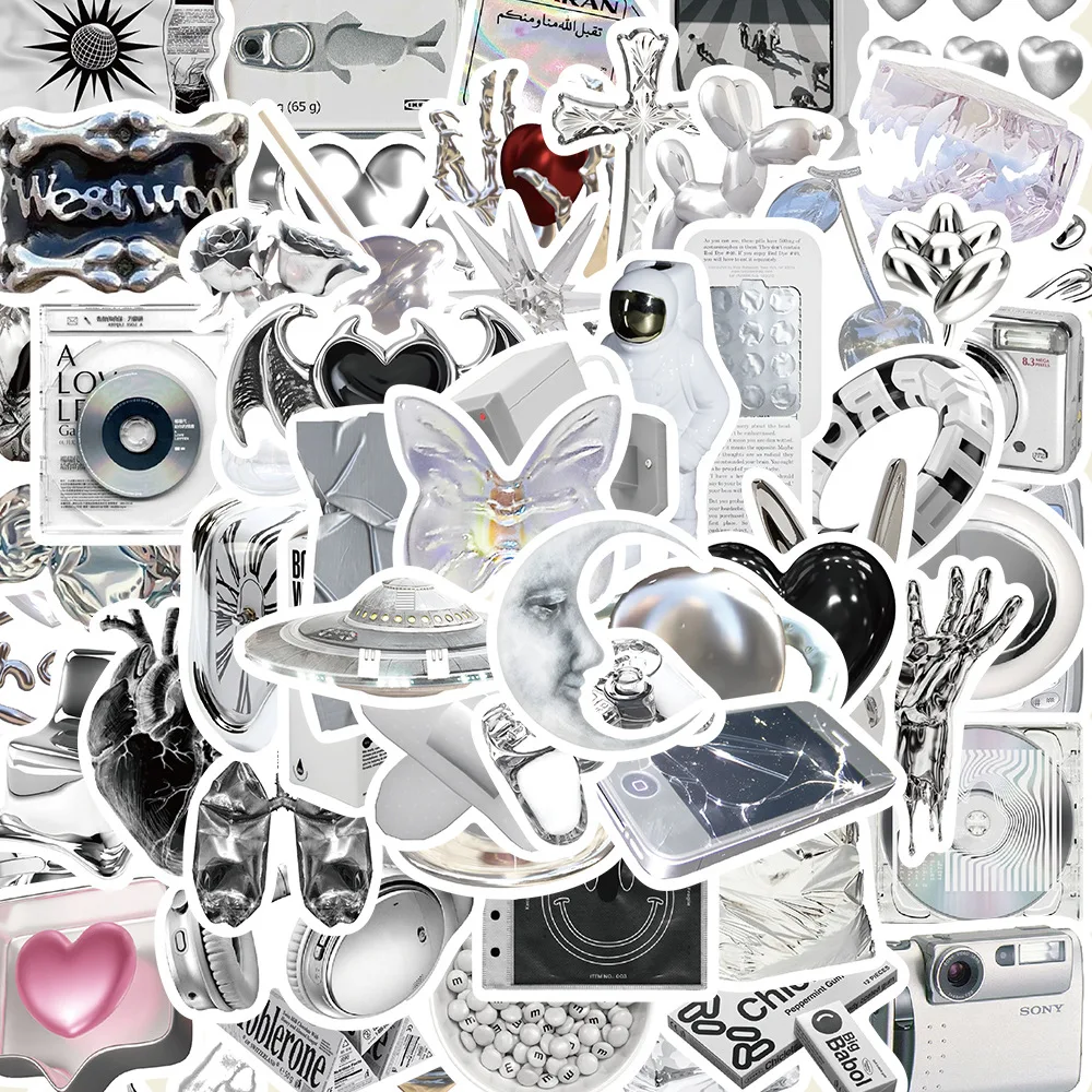 Autocollant Graffiti Argenté Étanche en PVC, 10/30/50 Pièces, Simple, à la Mode, Dessin Animé, Ins, DIY, pour Casque, Tasse, Manuel, Jouet, Personnalité, Vente en Gros