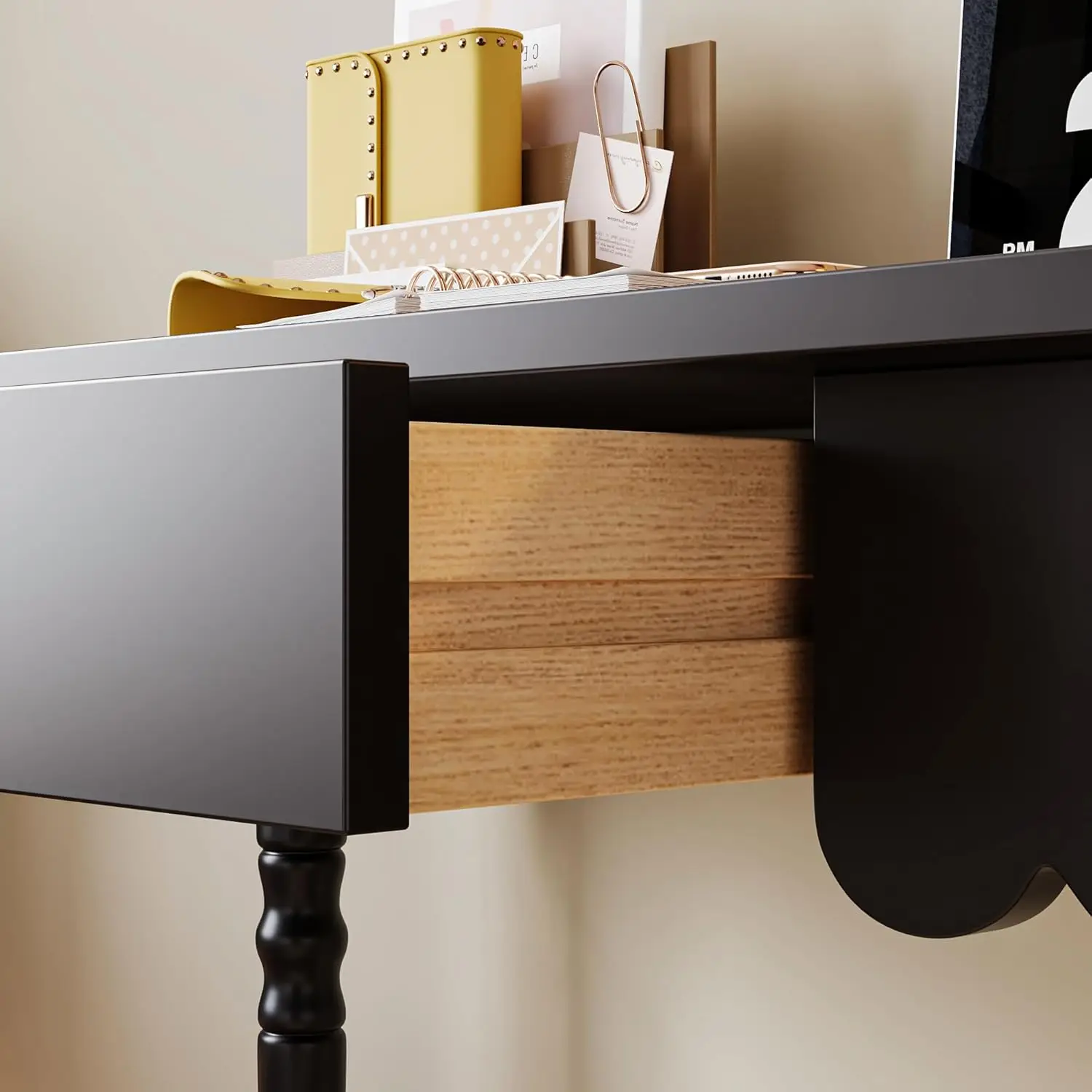 Escritorio para computadora de oficina en casa de 47,2 pulgadas de ancho con patas de madera maciza, mesa de escritura para estudio de escritorio de PC para juegos vintage con cajón, negro