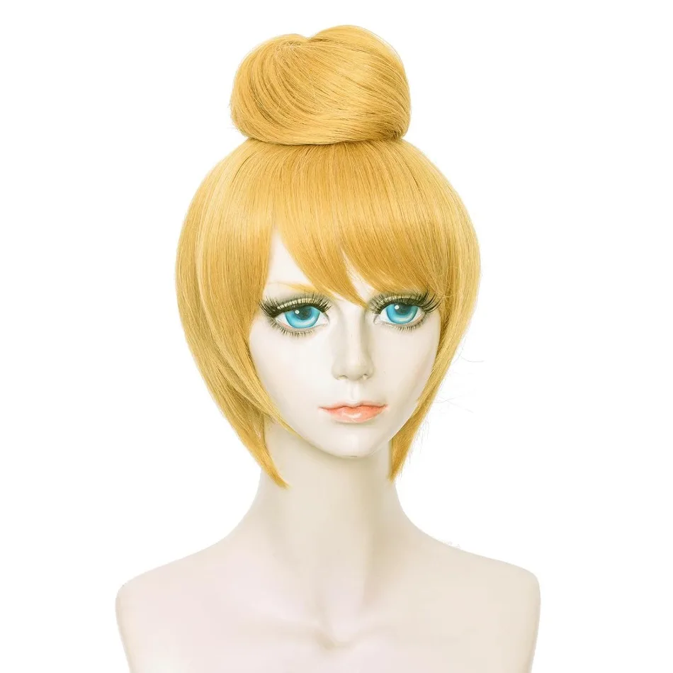 Princess Tinker Bell Wig Tinkerbell Cosplay Wigs Short Blonde Hair with Bun Heat Resistant Synthetic Hair Halloween Costume Wigs