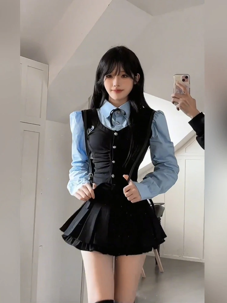 

plus Size Ne irt Top Women Spring Sweet School Sle f Skirt Set Faionable Two-Piece Suite High Waist Pleated S...