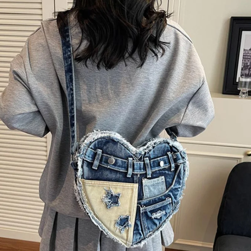 

Джинсовая холщовая сумка с отверстиями, женская ретро-сумка в форме сердца, креативная сумка на плечо, подмышки, новая модная сексуальная сумка-мессенджер большой вместительности