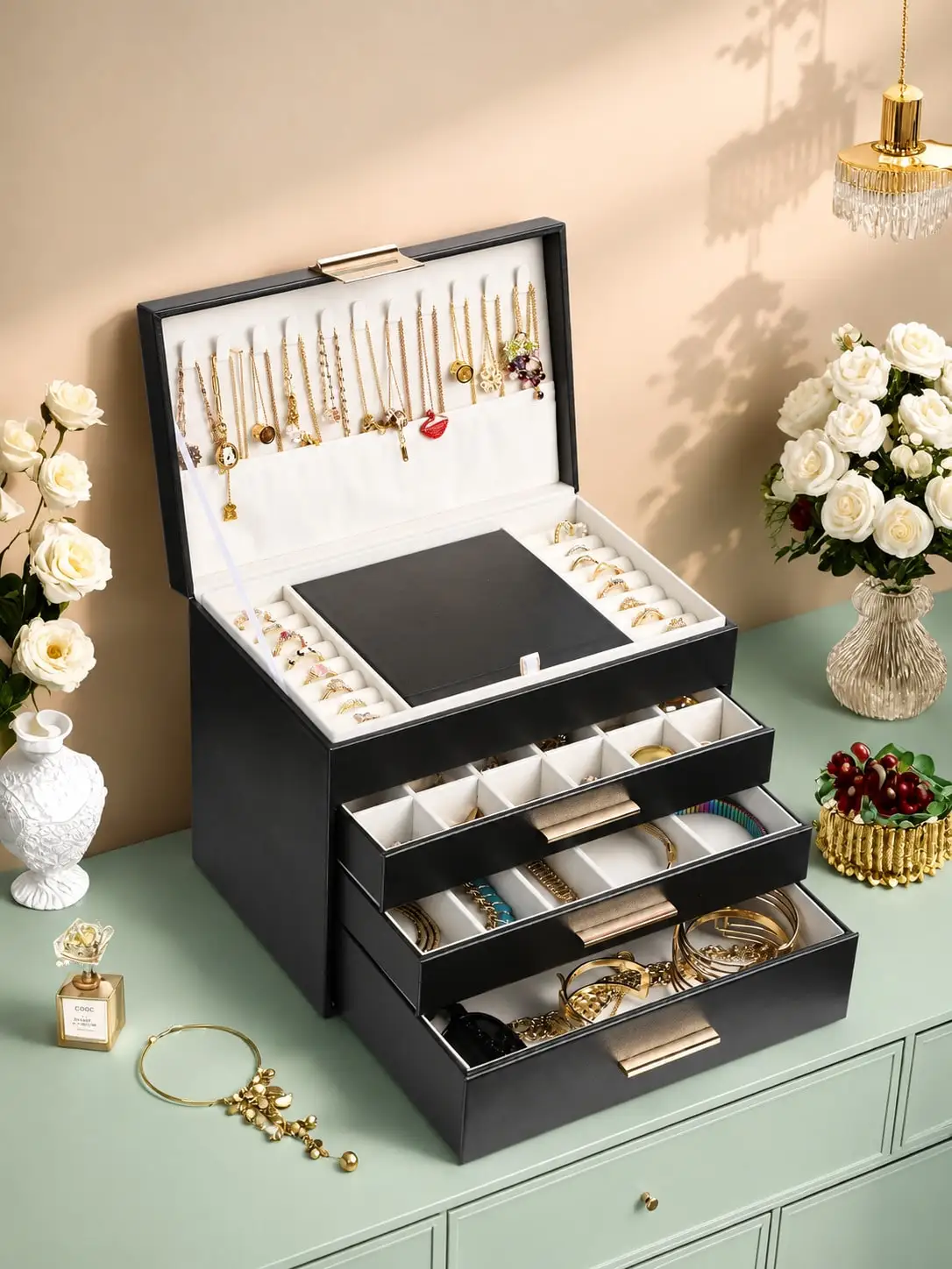 BOOVO 1PC Exquisite Women's Jewelry Storage And Display Case, Large Capacity, Rectangular PU Leather With Built-In Mirror, Suitable For Displaying And Storing Necklaces, Rings, Earrings, And Other Jewelry, Perfect Valentine's Day Gift For Friends