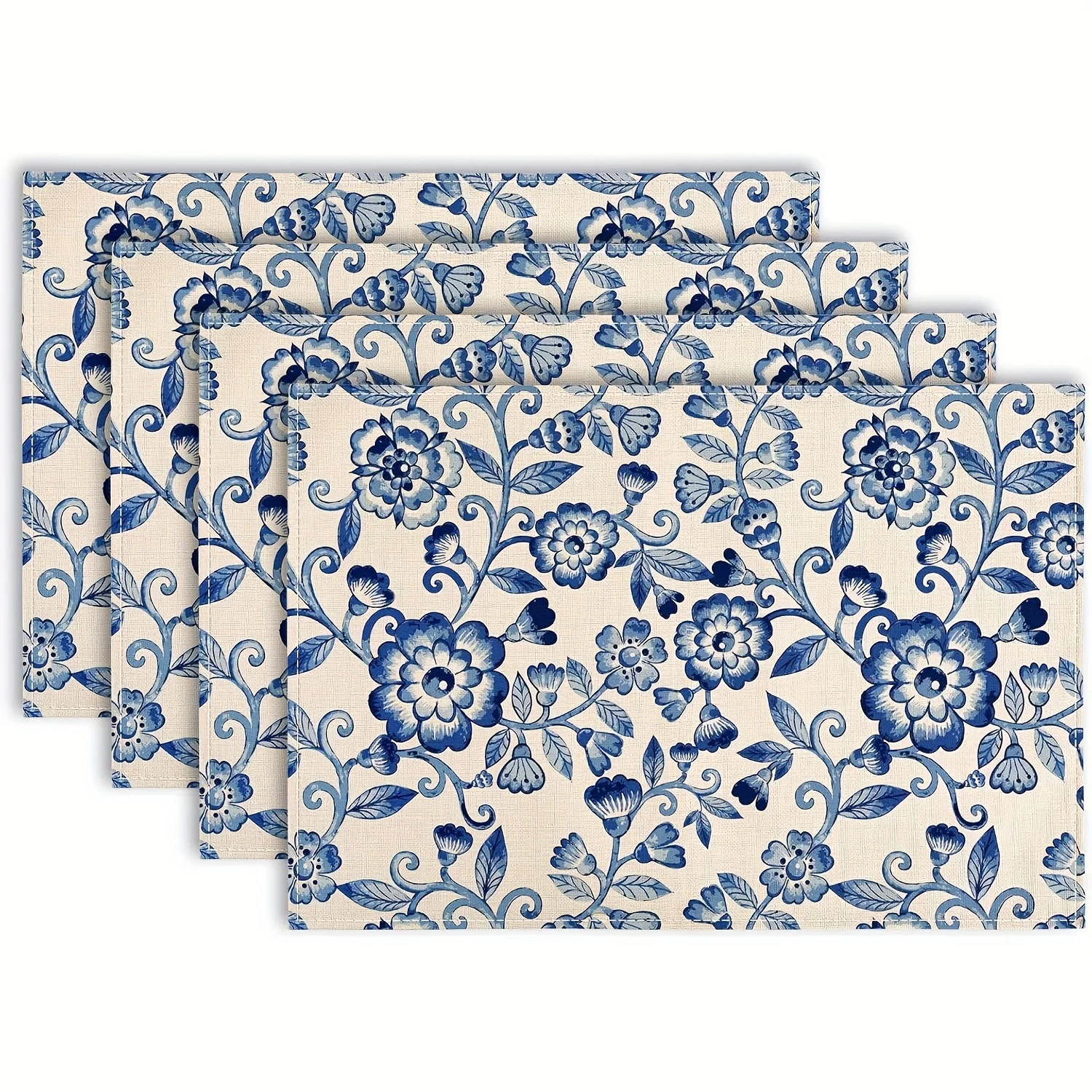 Blue Flower Placemat Watercolor 3D Elegant Dining Table Mat Heat Resistant Kitchen Decor Home Party Tableware Set of 4 Gift