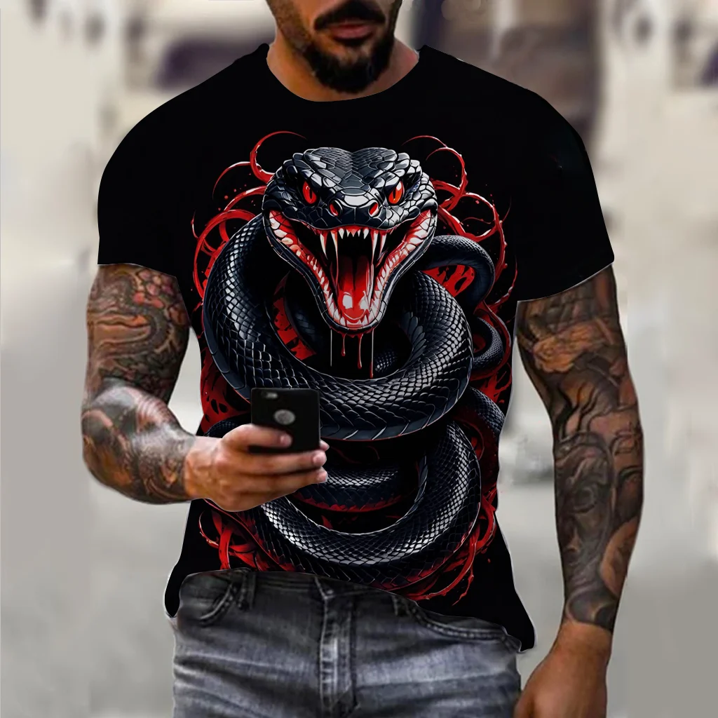 Daily Wear Men Vivid Wild Snake T‑Shirt Fierce Cobra Animal Art Print Crew Neck Soft Casual Gothic Street Hip‑Hop Summer Tees