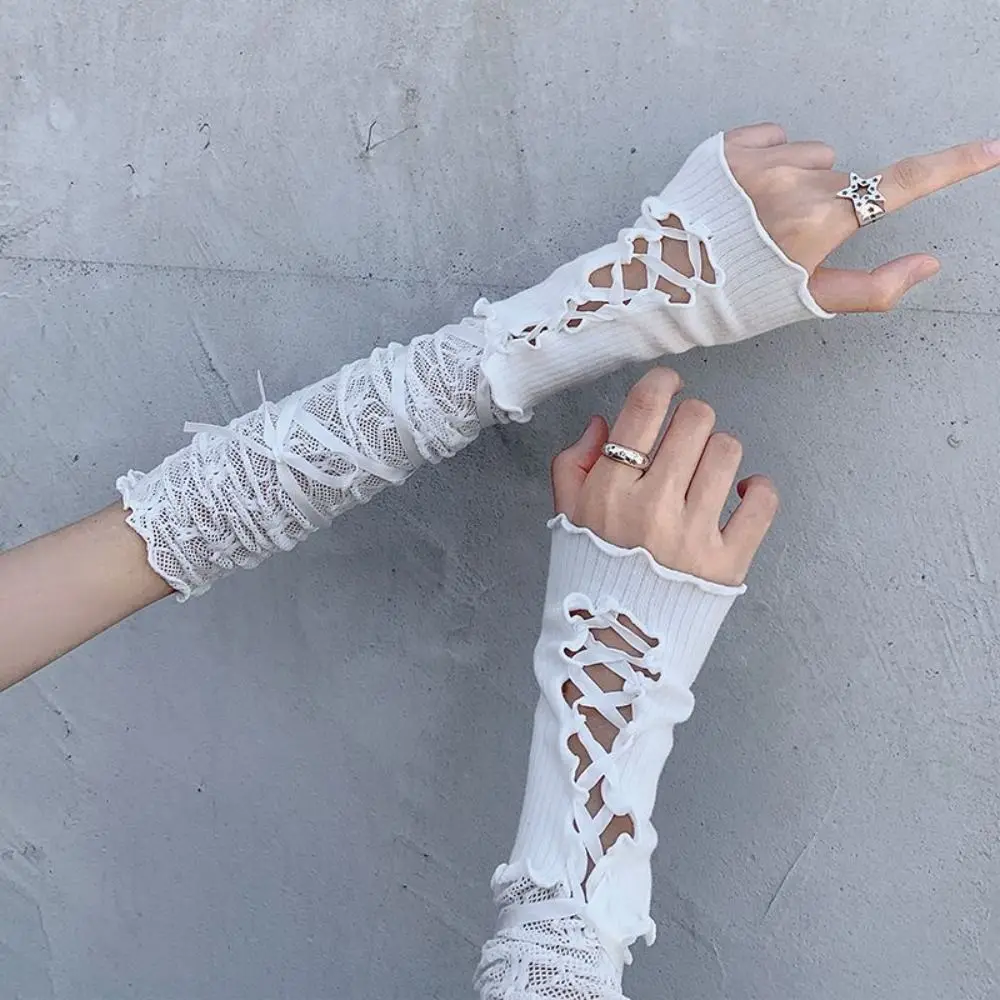 Punk Gothic Lolita Lace Gloves Elastic Bowknot Strapping Fingerless Mittens Japanese Mesh Sunscreen Sleeve Women Girls