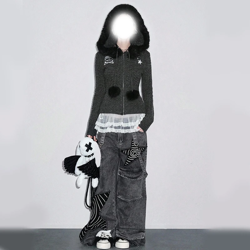 سترة محبوكة مزخرفة بياقة من الفرو للسيدات من Tik Tok بأكمام طويلة ومطرزة غير رسمية Y2K للتنقل على الطراز القوطي للفتيات