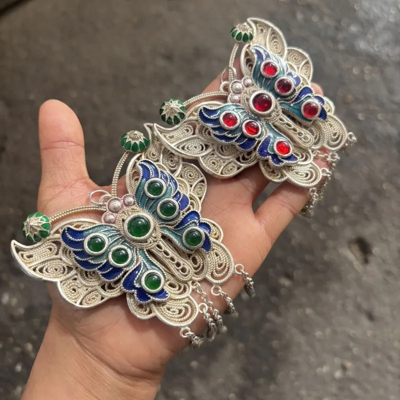 Vintage Cloisonne Filigree Butterfly Pendant Necklace, Silver Plated Tibetan Silver Inlaid Ruby & Emerald Collectible Jewelry