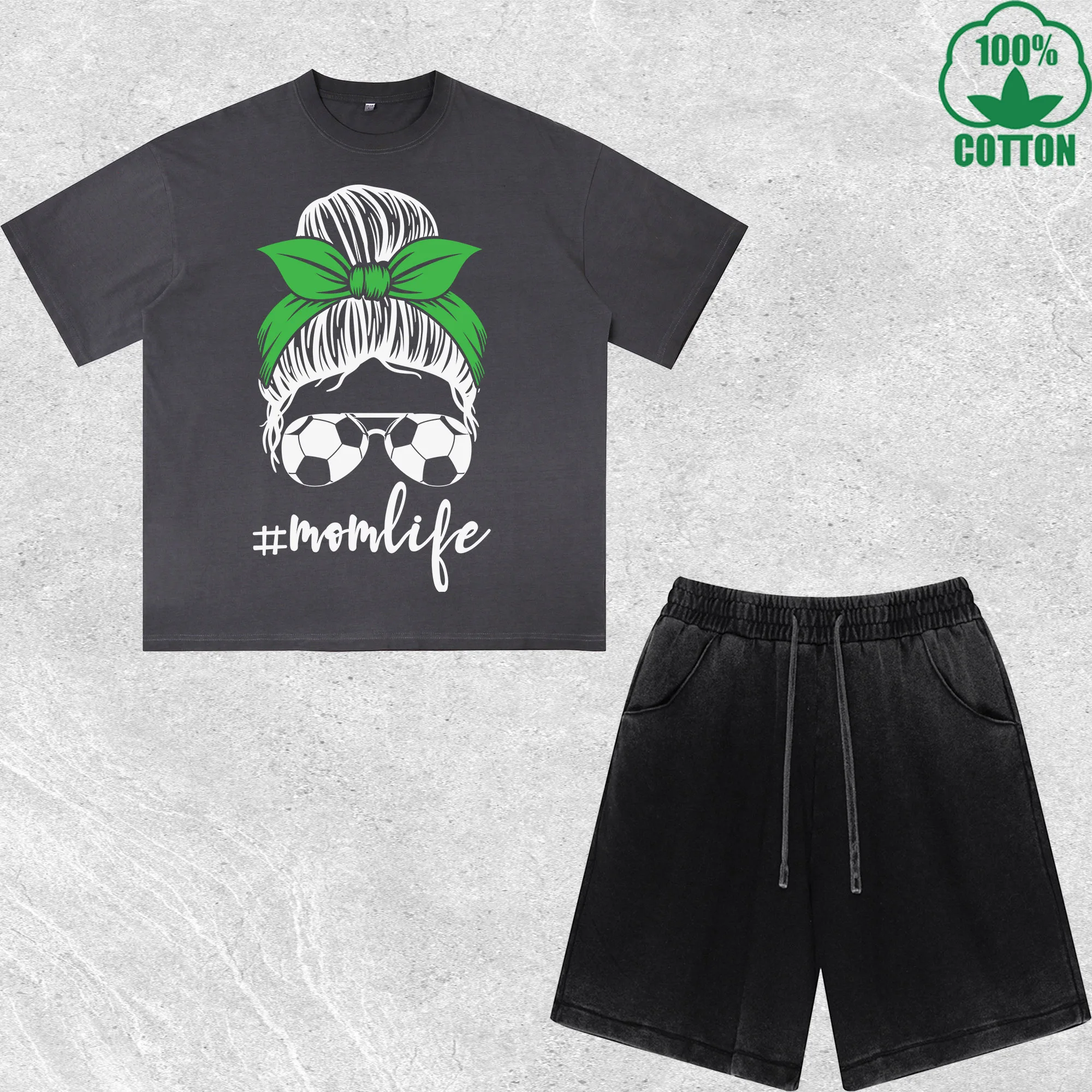 

Soccer Mom Printed Dirty Wash T-Shirt Shorts Set Combo Loose Trendy Fashionable 100%Cotton Black Suit