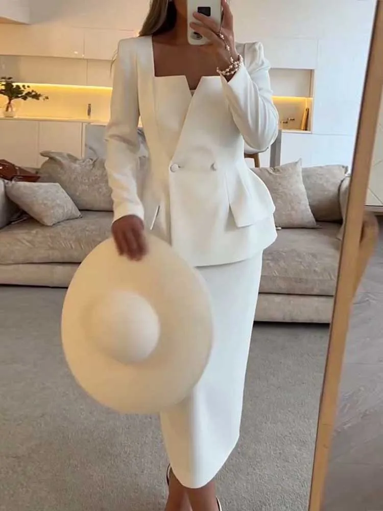 

Ladies Suits for Office England Style Square Collar Long Sleeve Blazer and Long Skirt Elegant Female Spring Outfits Solid Color