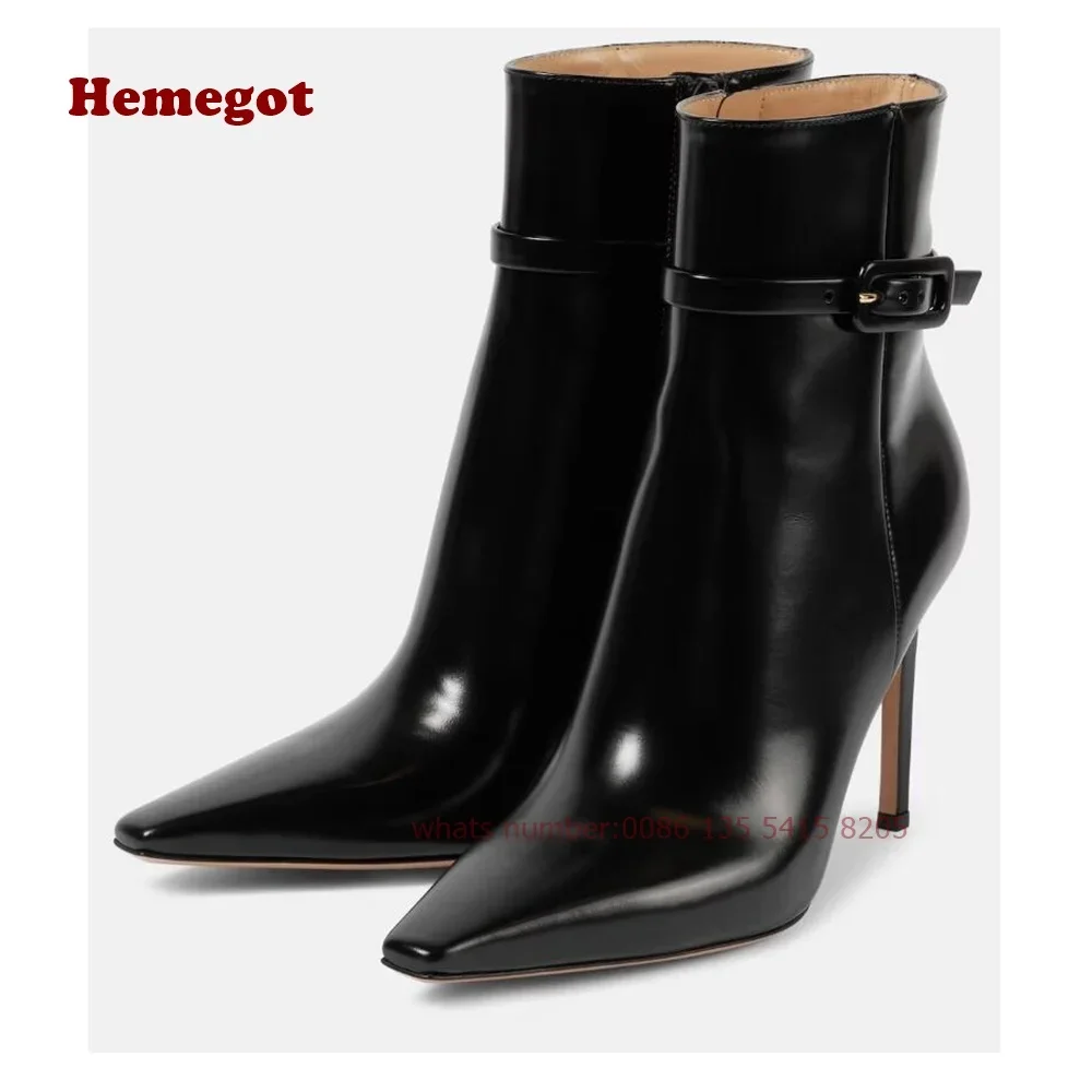 

Patent Leather Ankle Boots Black Pointy Toe Stiletto Buckle Size Zipper Women's Booties High Heels Winter Autumn Casual Shoes