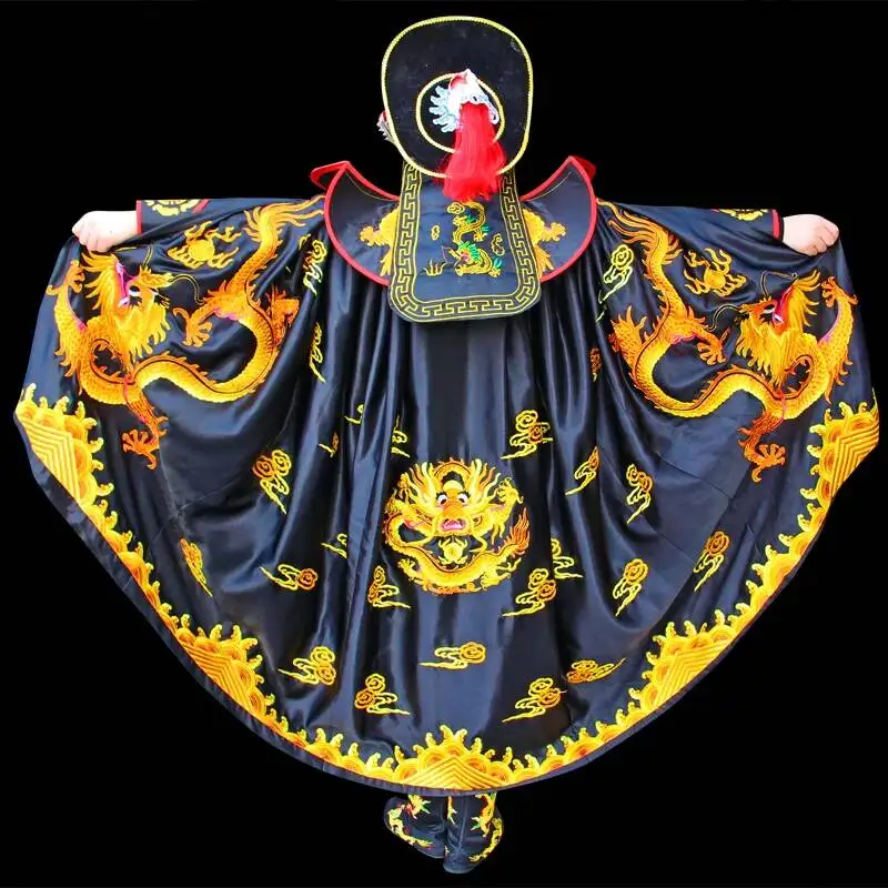 Traditional Chinese Sichuan Opera Face Changing Costume Black Golden Dragon Embroidery Full Set with Headgear Boots Fan view 2