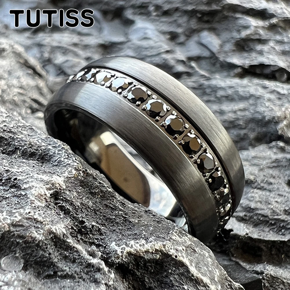 

TUTISS 8mm Domed Brushed CZ Stone Inlay Black Tungsten Ring for Men Women Eternity Fashion Engagement Wedding Band